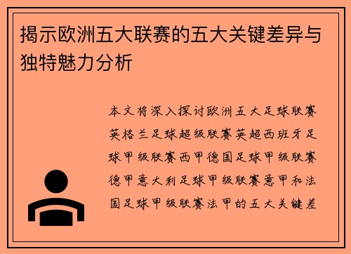 揭示欧洲五大联赛的五大关键差异与独特魅力分析
